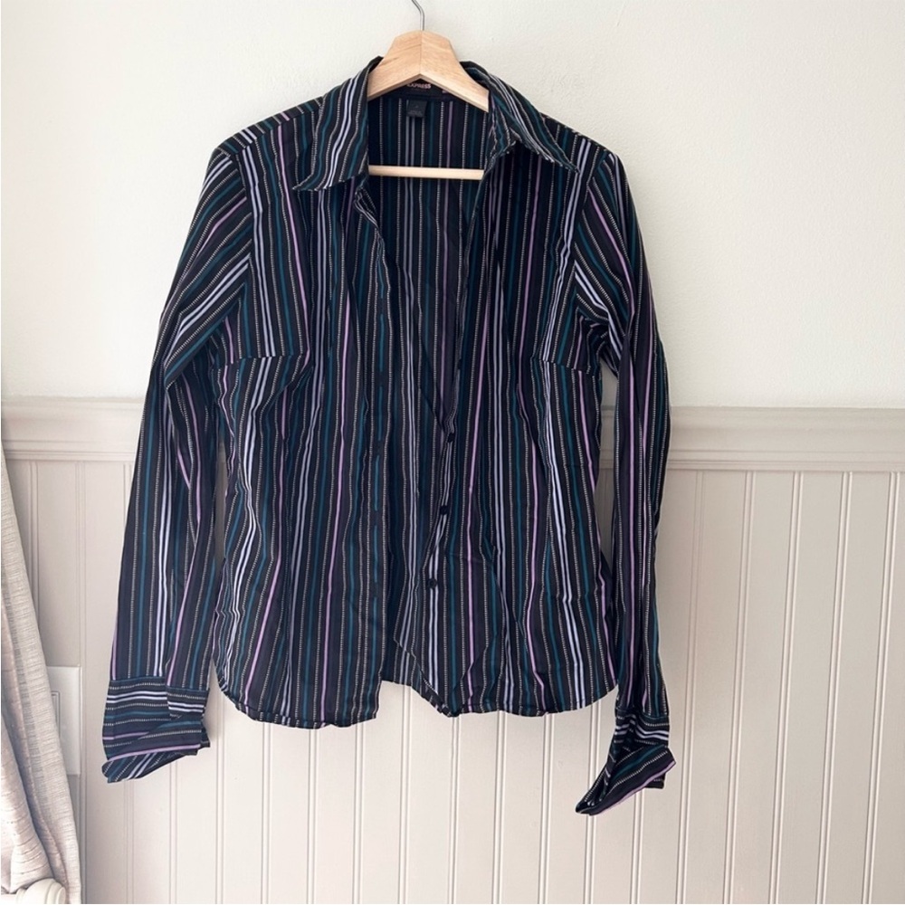Y2K Express Women’s 12 Black Multicolor Stripe Button Down Shirt